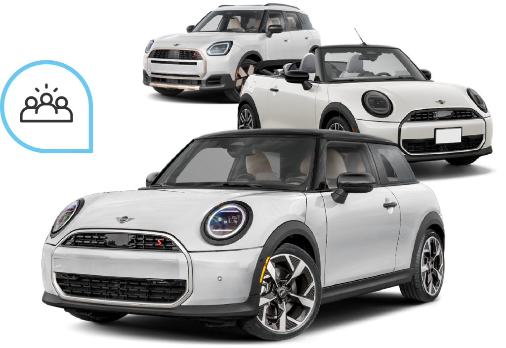 Three white MINI vehicles arranged on a white background with a blue icon of three people inside a speech bubble on the left.