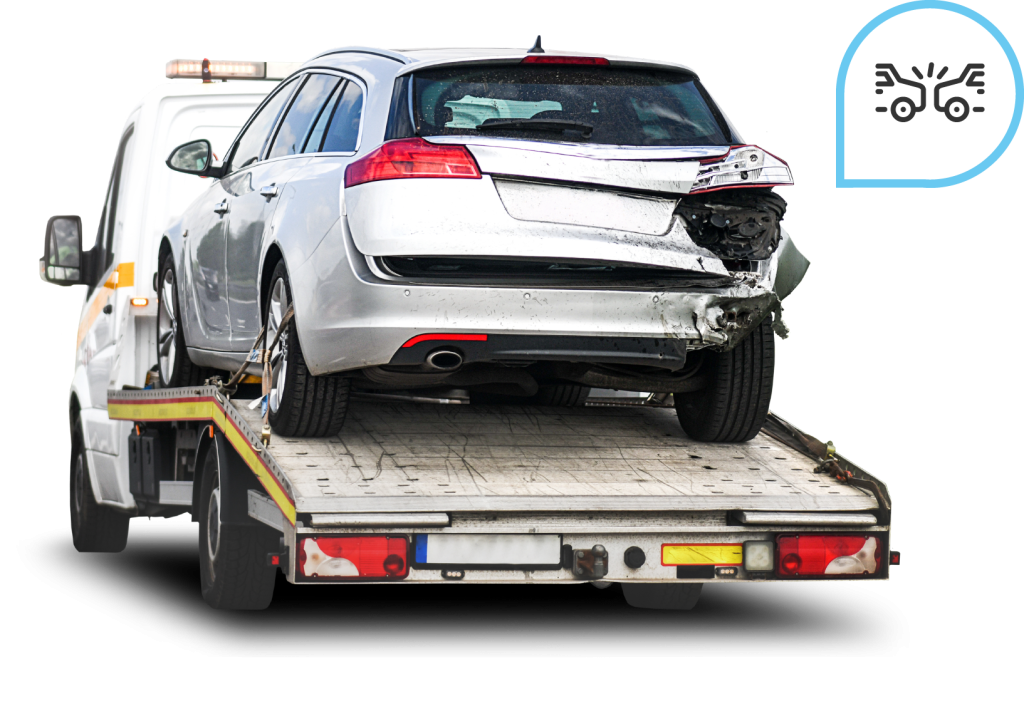 Silver hatchback with rear-end damage being transported on a flatbed tow truck, next to a crash icon.