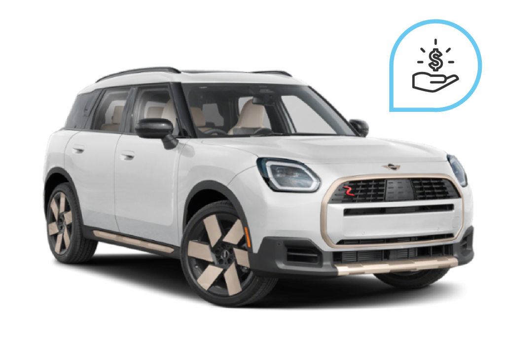 White MINI SUV angled slightly to the right, with a money-in-hand icon symbolizing a guaranteed trade-in offer.