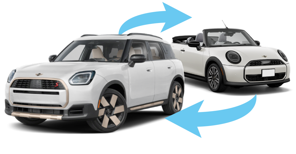 Two white MINI SUVs positioned with blue arrows between them, illustrating a vehicle trade-in process.